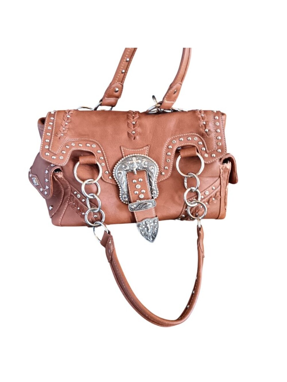Montana West Western Style Brown Faux Leather Handbag Studded Cross Buckle